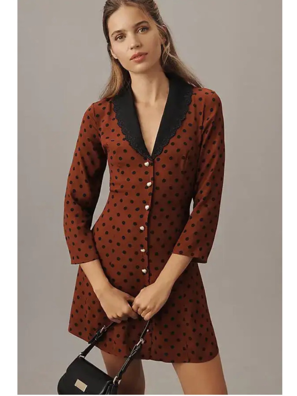 Reformation Galene Brown Polka Dot Mini Dress with Black Collar